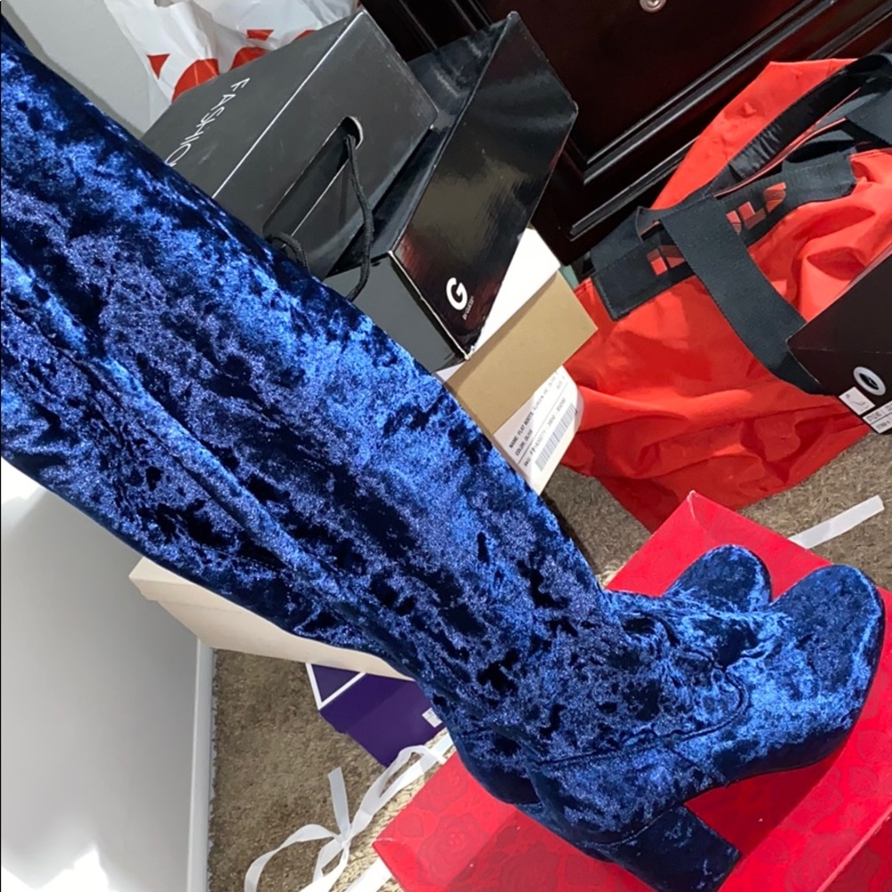 Cobalt  Blue Crushed Velvet Boots